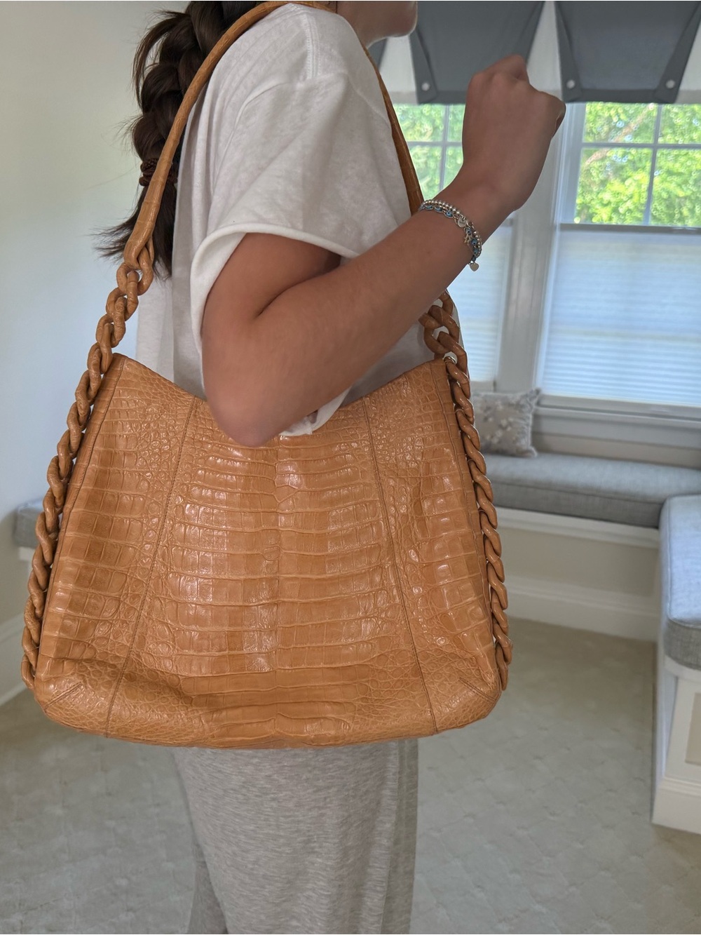 Nancy Gonzalez Croc-Embossed Caramel Shoulder Bag with Braided Strap - Picture 2 of 7